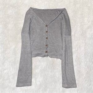 Gray Ribbed Button-Front Knit Cardigan